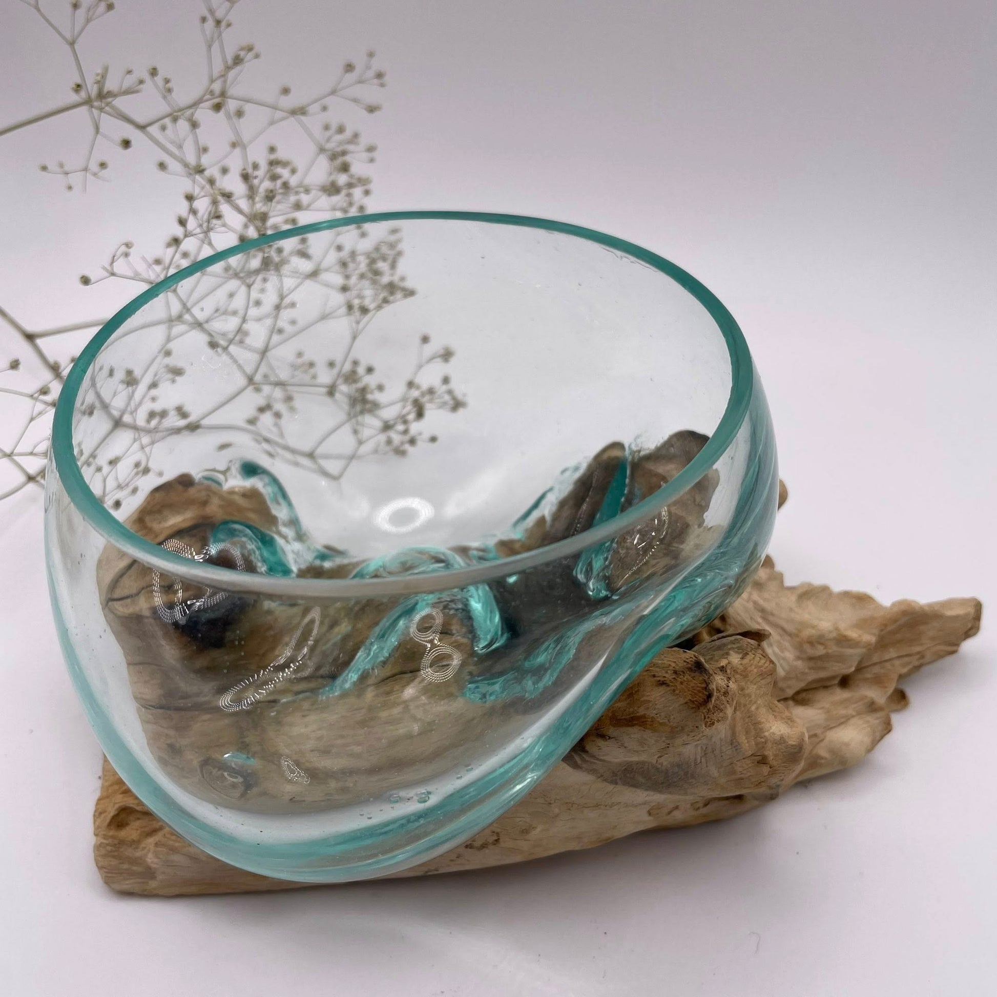 Detailansicht Kaffeestrauch-Wurzelholz mit abnehmbarer Upcycling-Glasschale Nr. 4 – WUNDERSTEIN