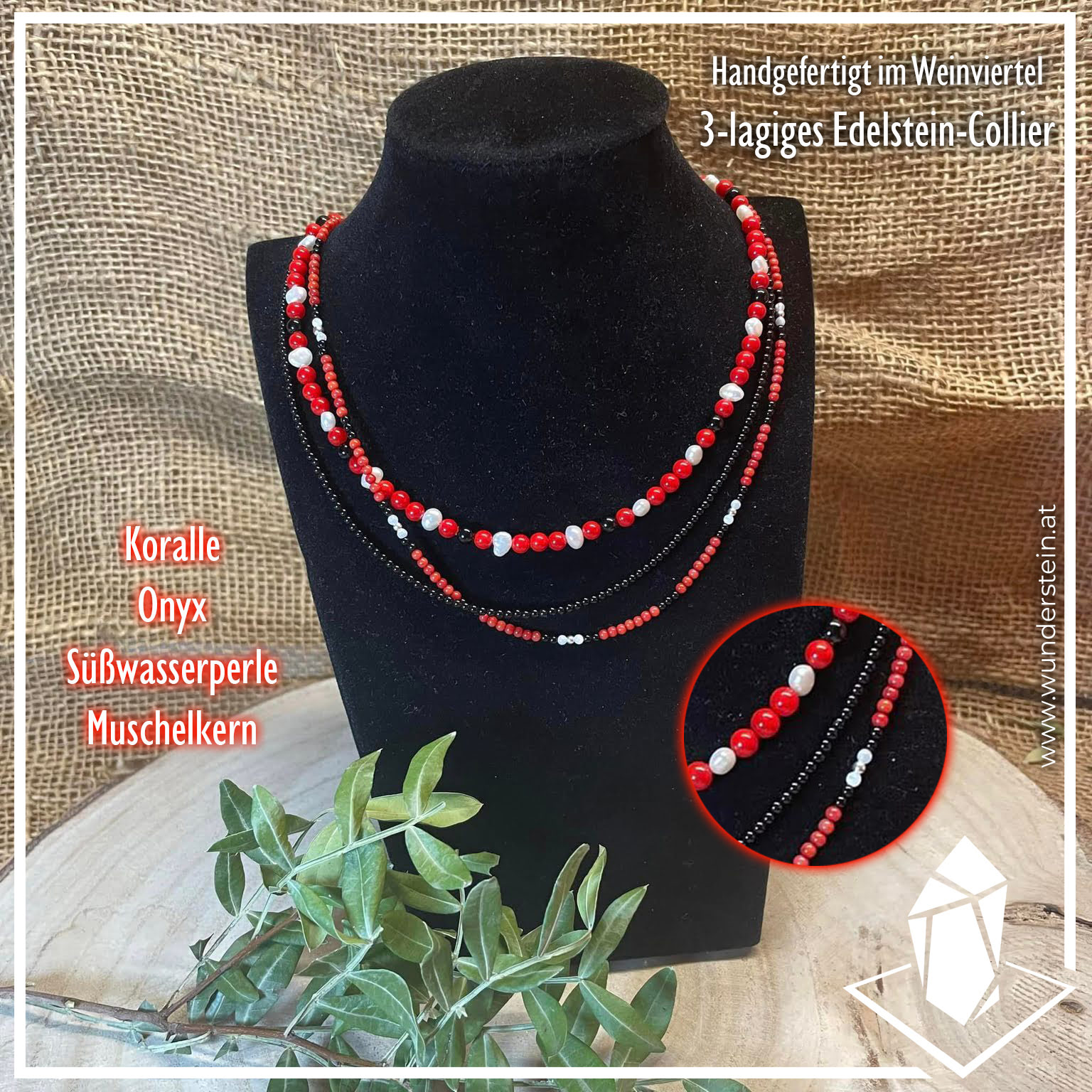 Dreilagiges Edelstein-Collier “Rote Koralle-Onyx-Perle”