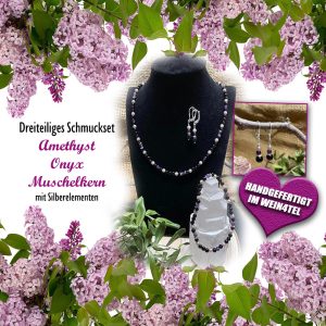 Dreiteiliges Schmuckset „Amethyst & Muschelkern“