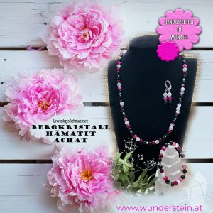 Dreiteiliges Schmuckset „Rosa Achat & Bergkristall“